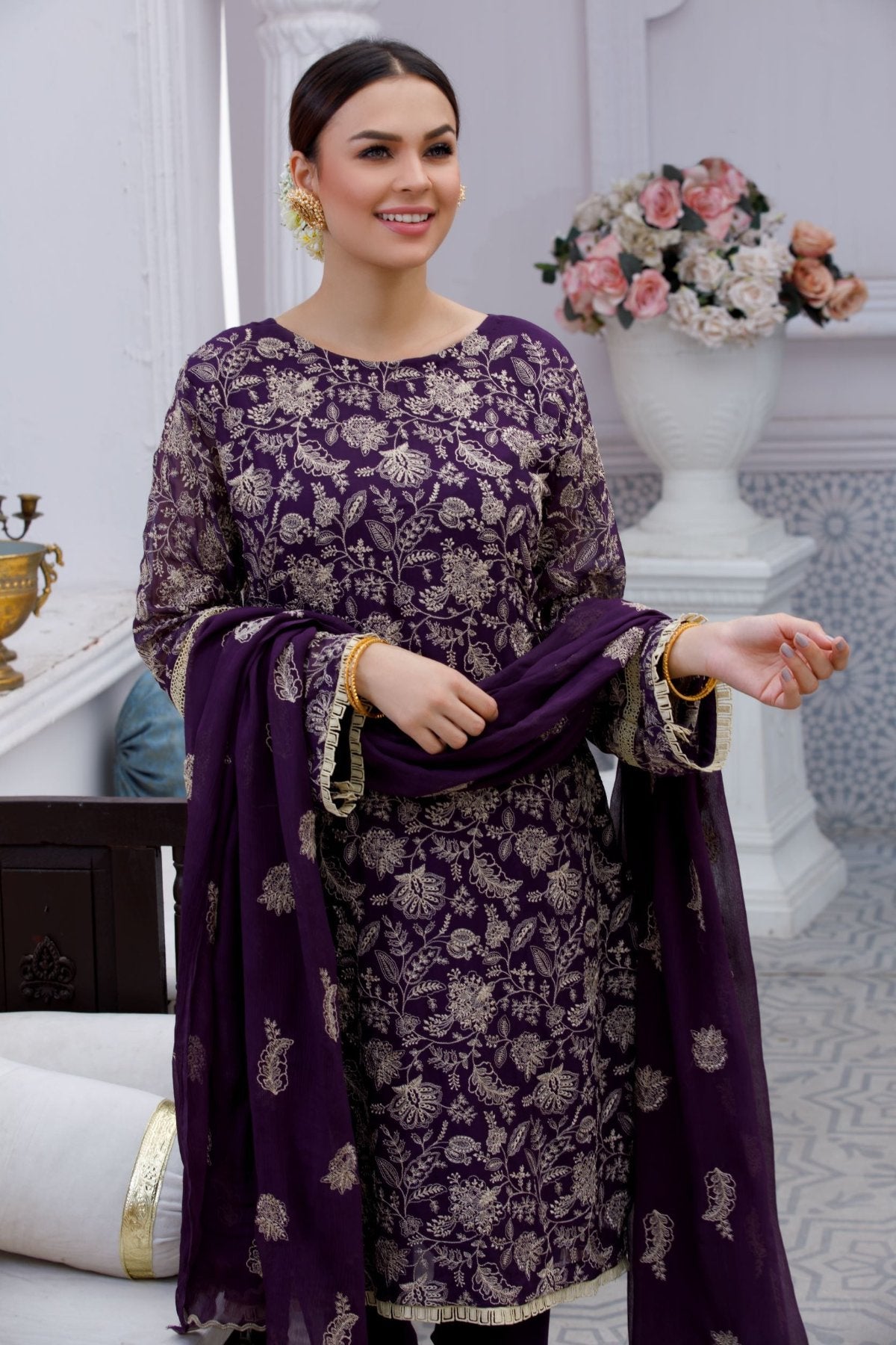 Purple Embroidered 3-Piece Chiffon Suit – Stitched Ready to Wear