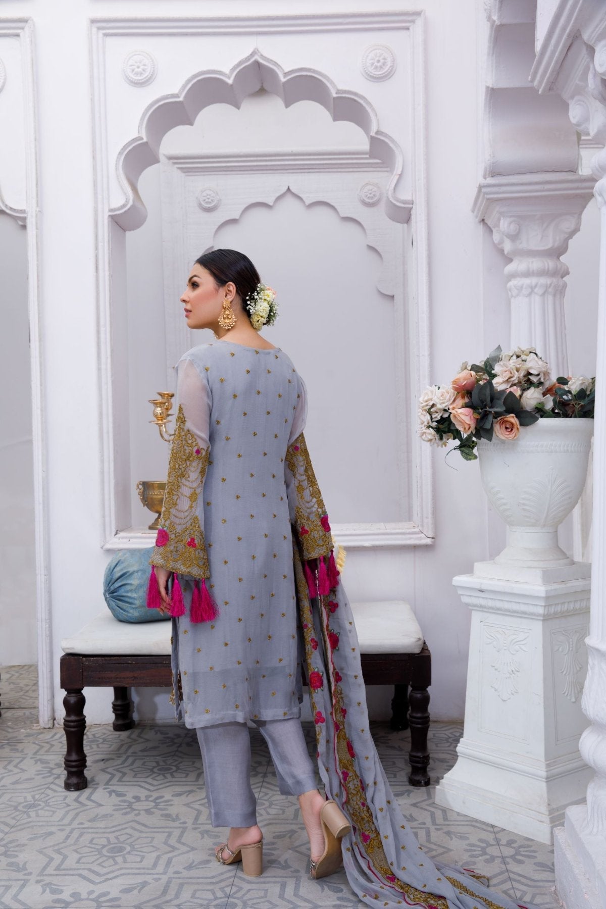 Grey Embroidered 3-Piece Chiffon Suit – Stitched Ready to Wear