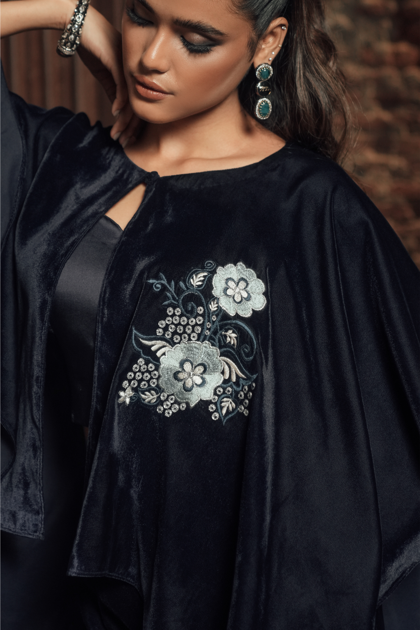 Velvet Embroidered Cape Set with Silk Inner and Bottoms