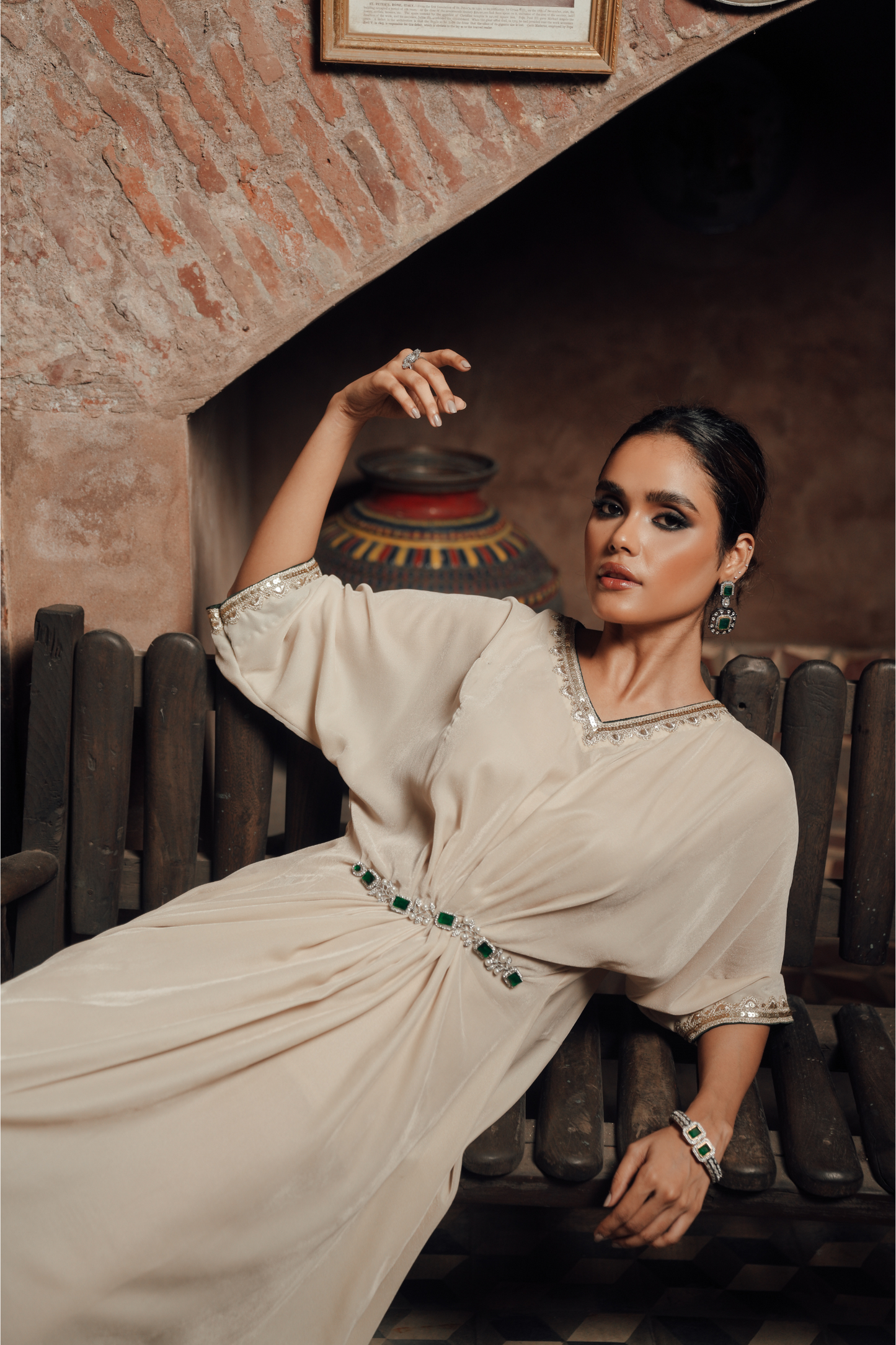 Velvet Kaftan with Jewel Belt & Lace Detailing