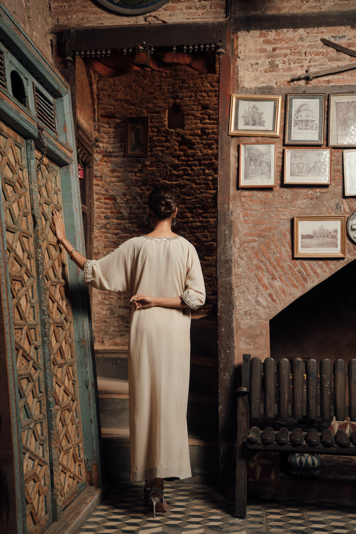 Velvet Kaftan with Jewel Belt & Lace Detailing