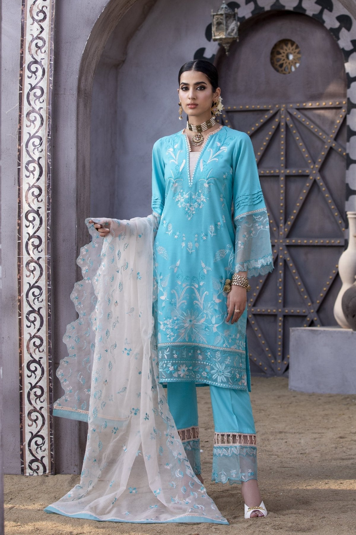 Sky Blue Embroidered Linen 3-Piece Suit