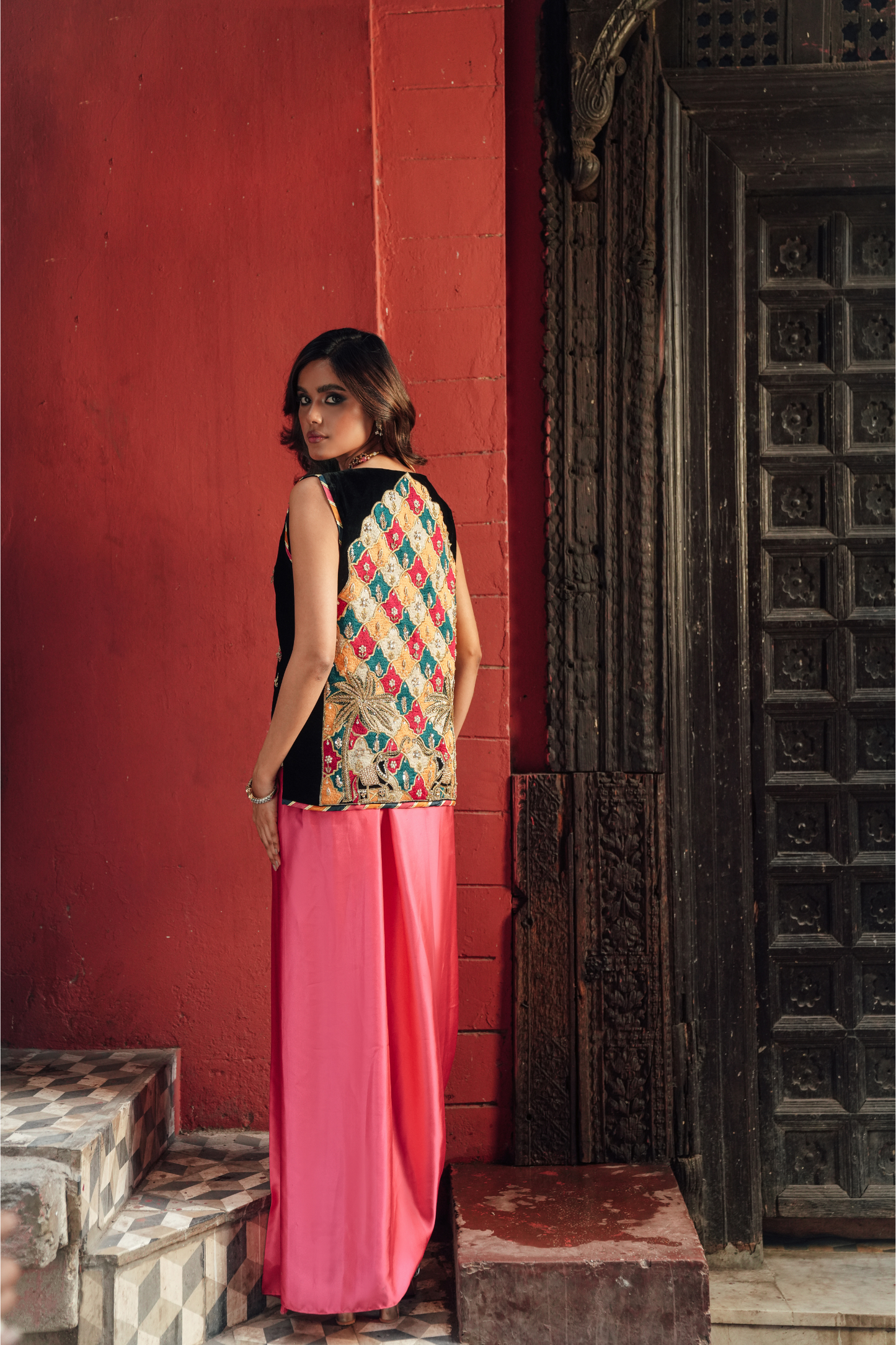 Handcrafted Velvet Waistcoat Set with Shocking Pink Silk Blouse & Drape Bottom