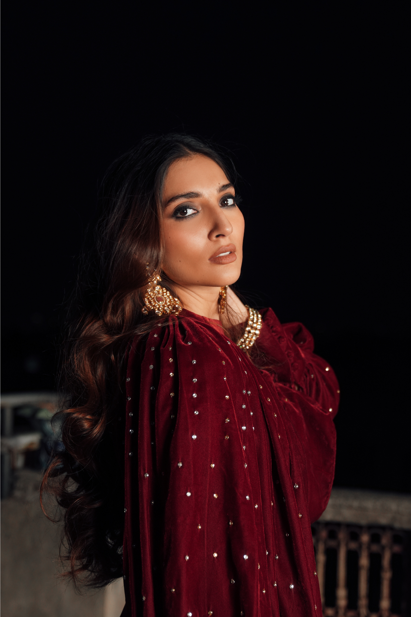 Velvet Frock with Embroidered Puffy Sleeves & Crushed Bottom