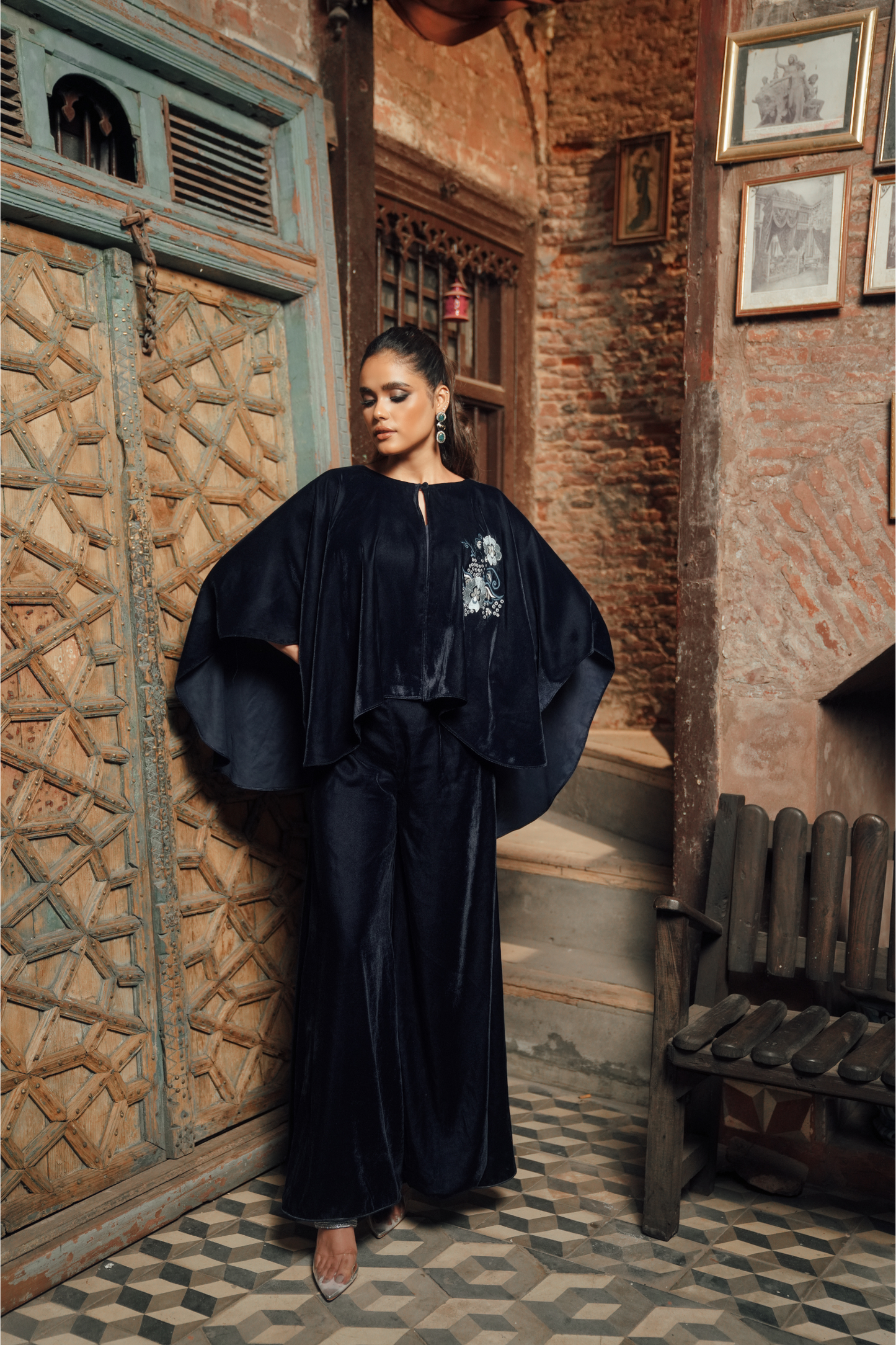 Velvet Embroidered Cape Set with Silk Inner and Bottoms