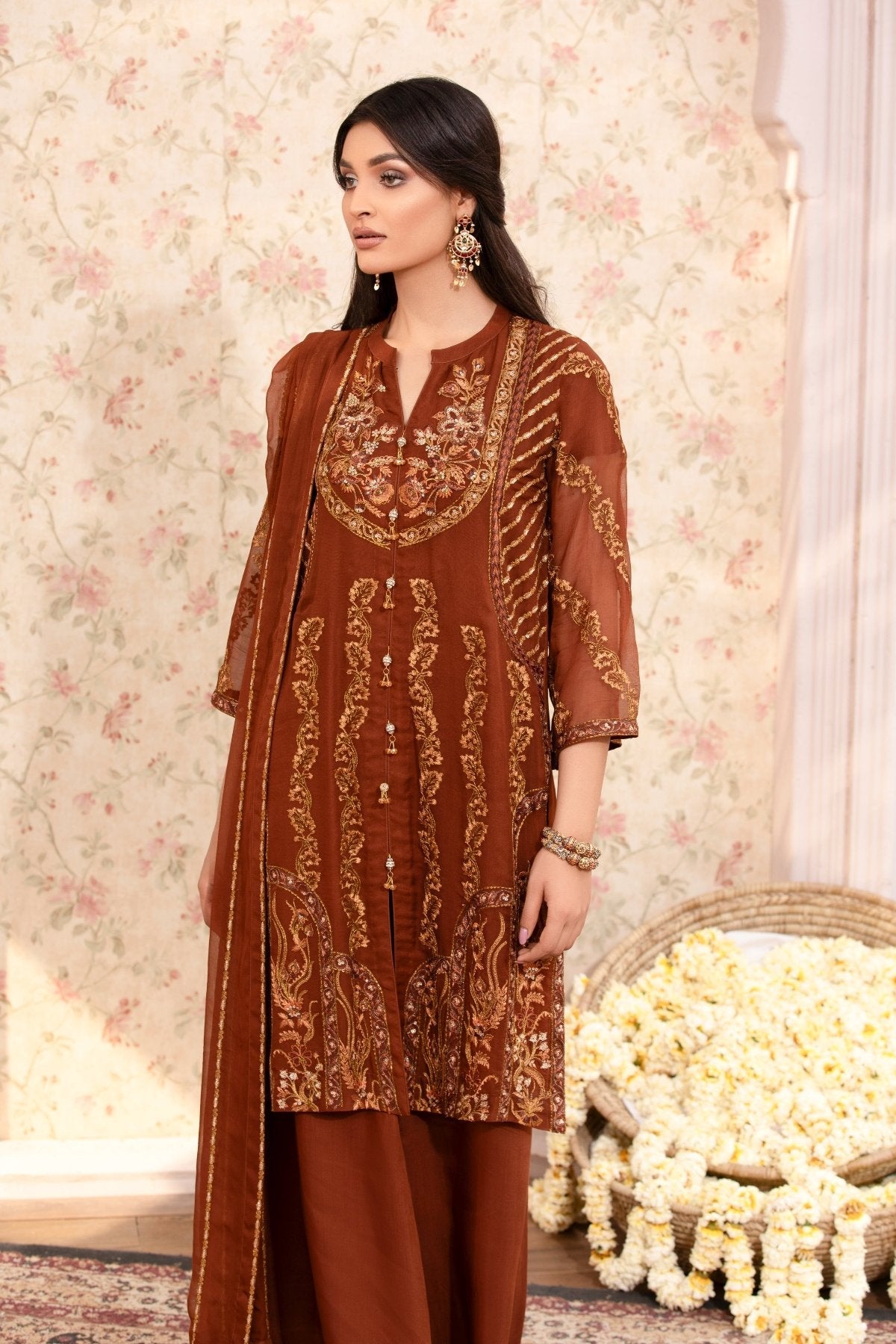 Brown Embroidered Chiffon 3-Piece Suit with Raw Silk Trousers