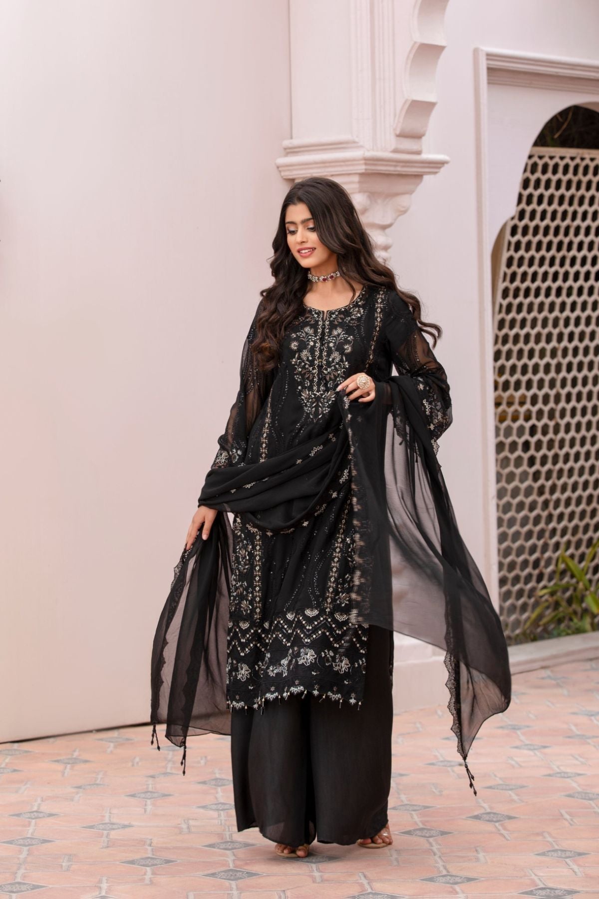 Black Embroidered Chiffon 3-Piece Suit with Raw Silk Trousers
