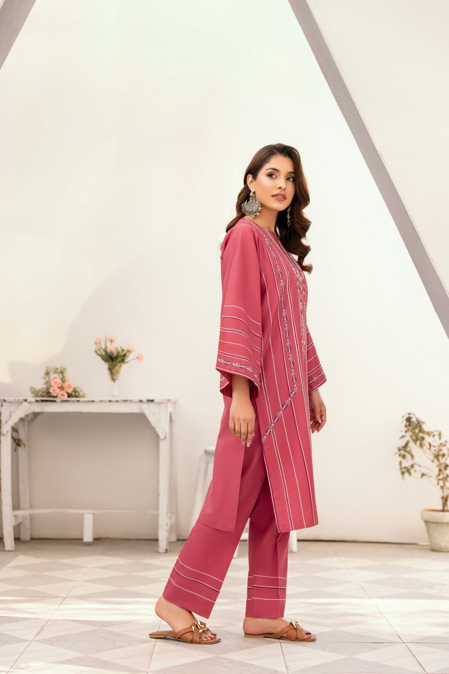 Pink Embroidered Poplin Suit