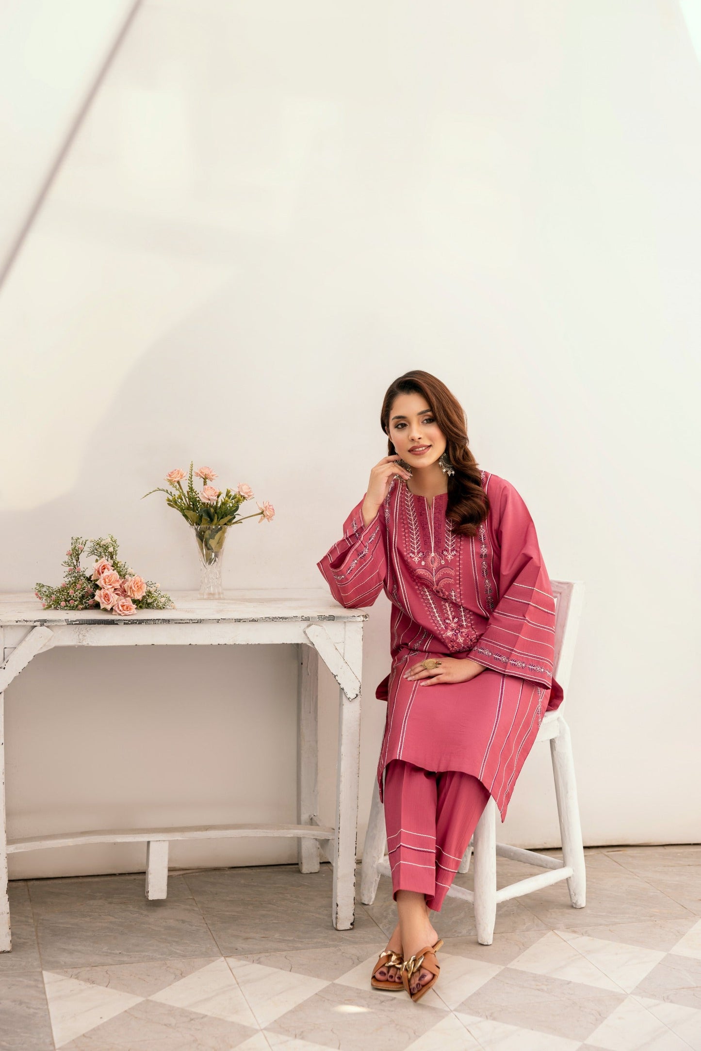 Pink Embroidered Poplin Suit