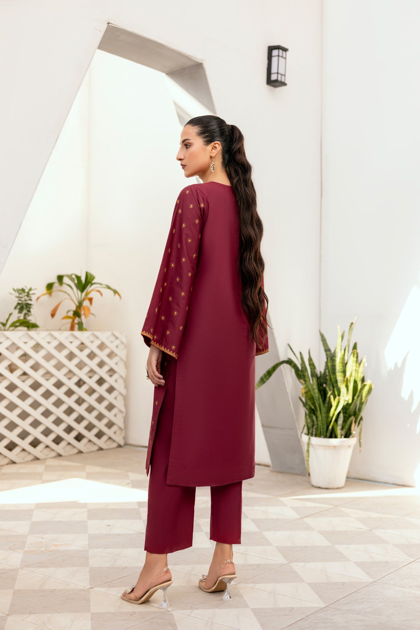 Maroon Embroidered Poplin Suit