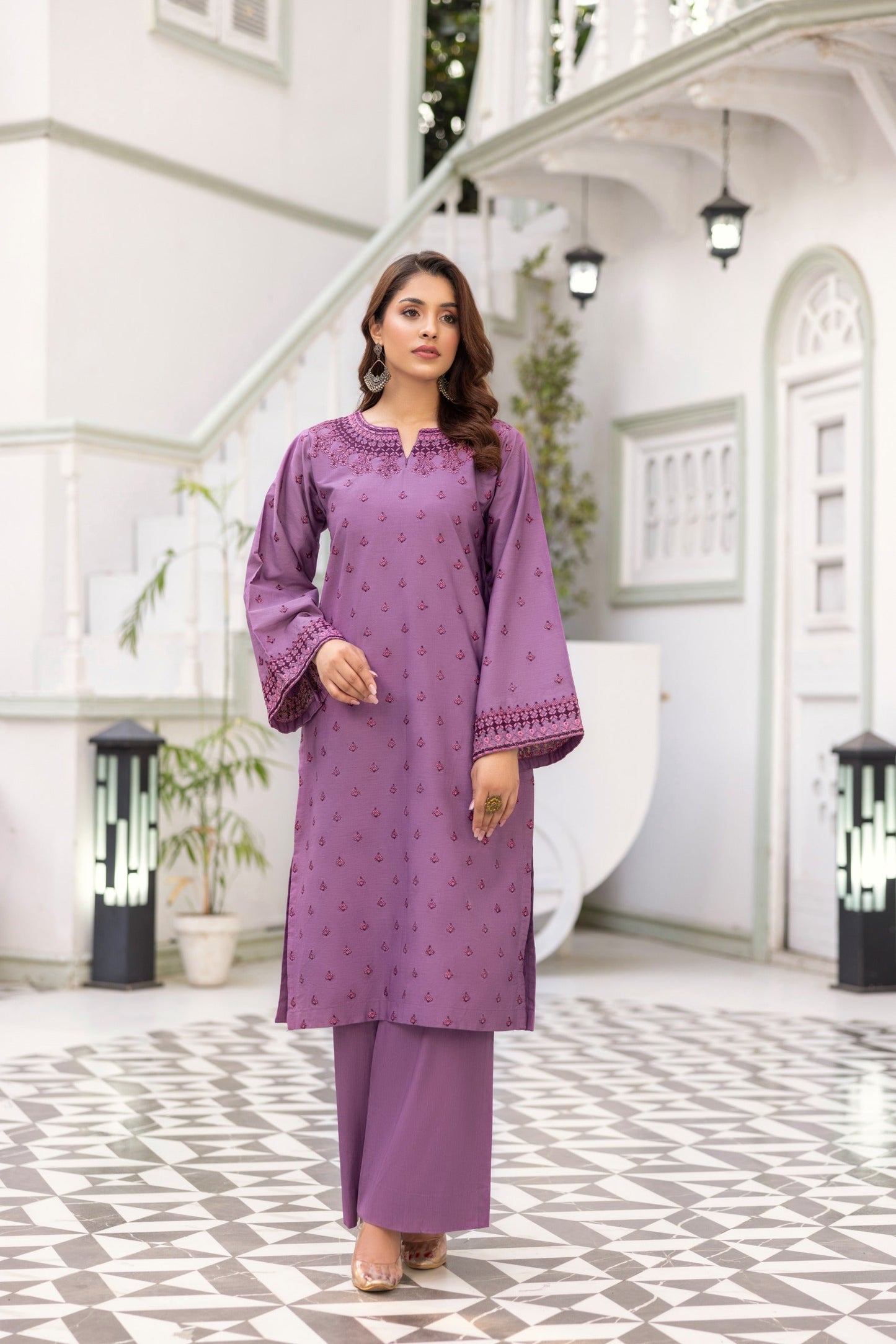 Purple Embroidered Poplin Suit