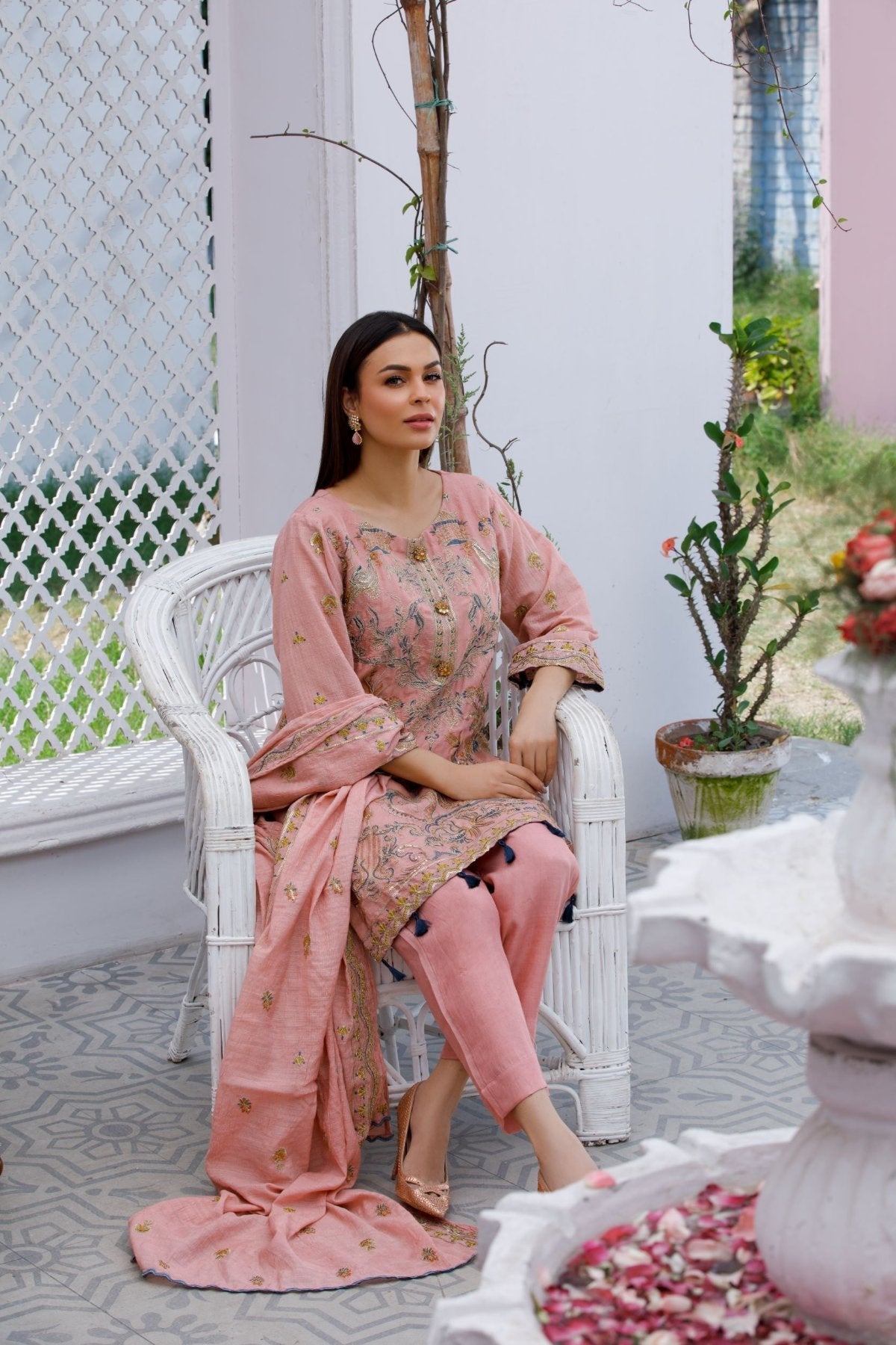 Pink Embroidered 3-Piece Poly Net Suit – Stitched Ready to Wear