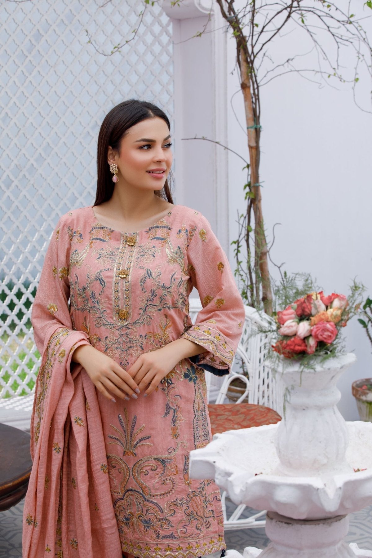 Pink Embroidered 3-Piece Poly Net Suit – Stitched Ready to Wear