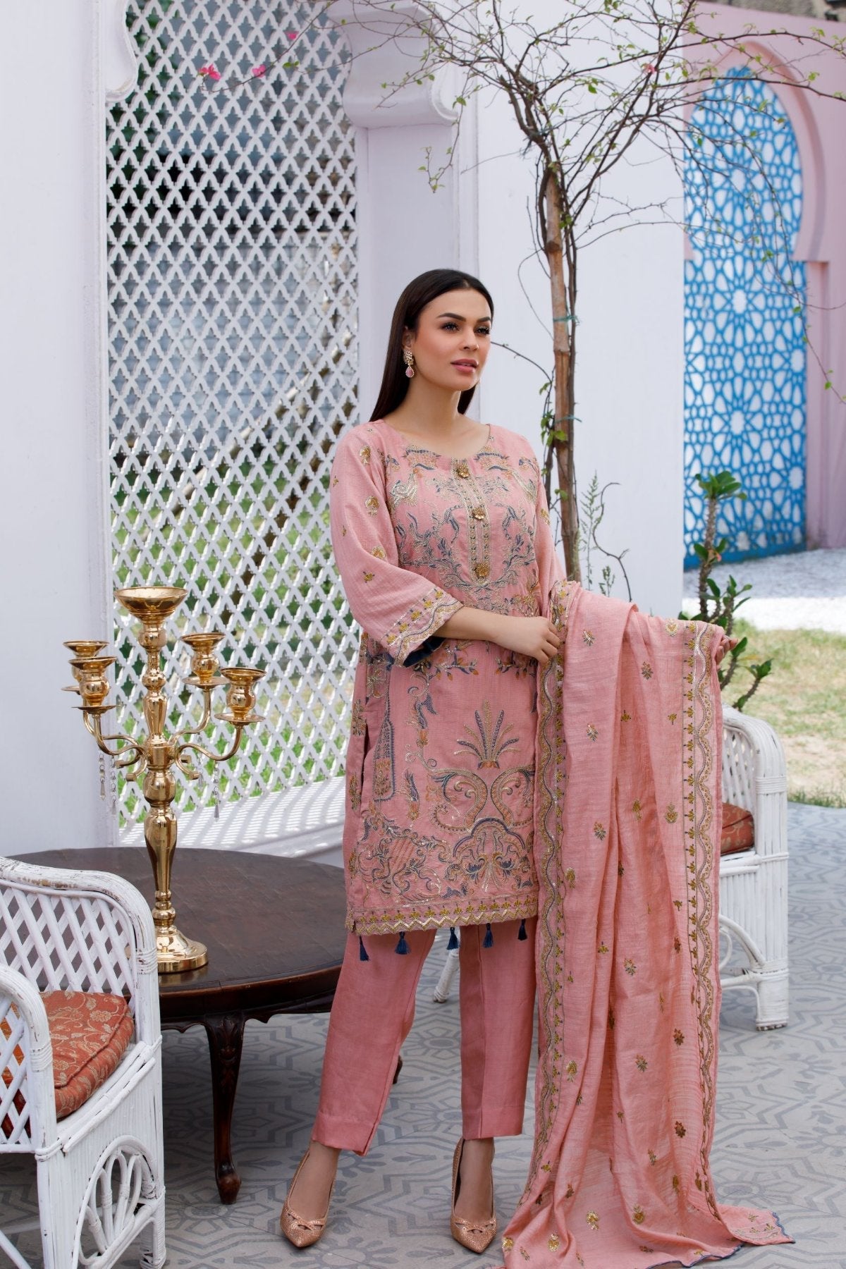Pink Embroidered 3-Piece Poly Net Suit – Stitched Ready to Wear