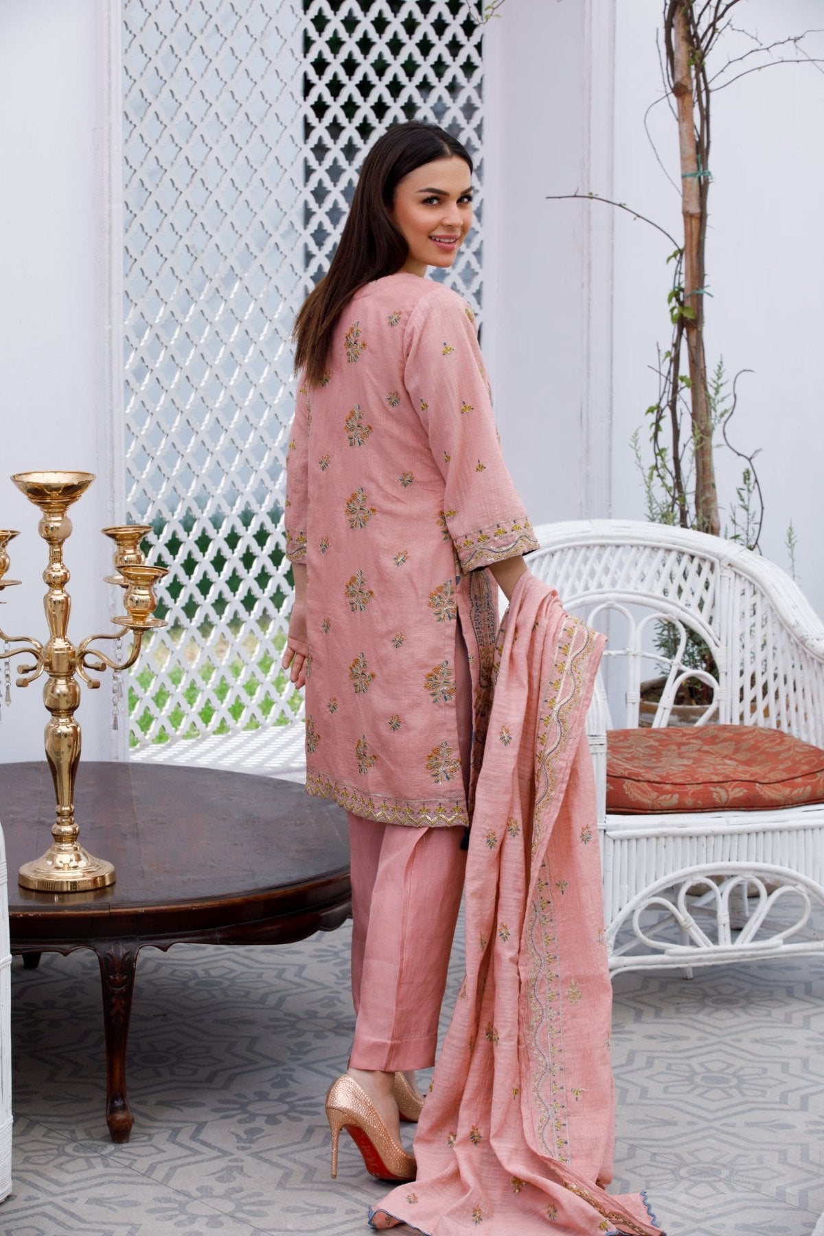 Pink Embroidered 3-Piece Poly Net Suit – Stitched Ready to Wear