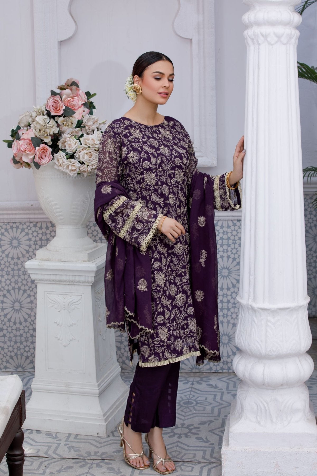 Purple Embroidered 3-Piece Chiffon Suit – Stitched Ready to Wear
