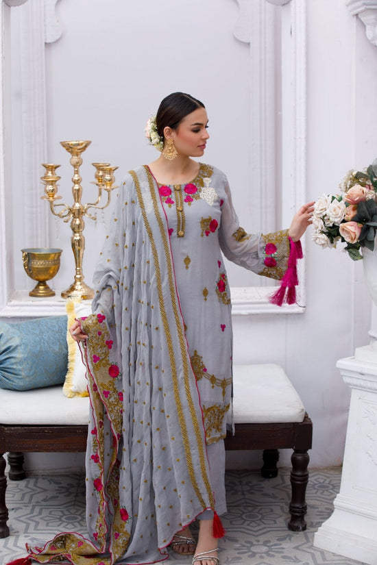 Grey Embroidered 3-Piece Chiffon Suit – Stitched Ready to Wear