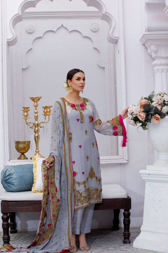 Grey Embroidered 3-Piece Chiffon Suit – Stitched Ready to Wear