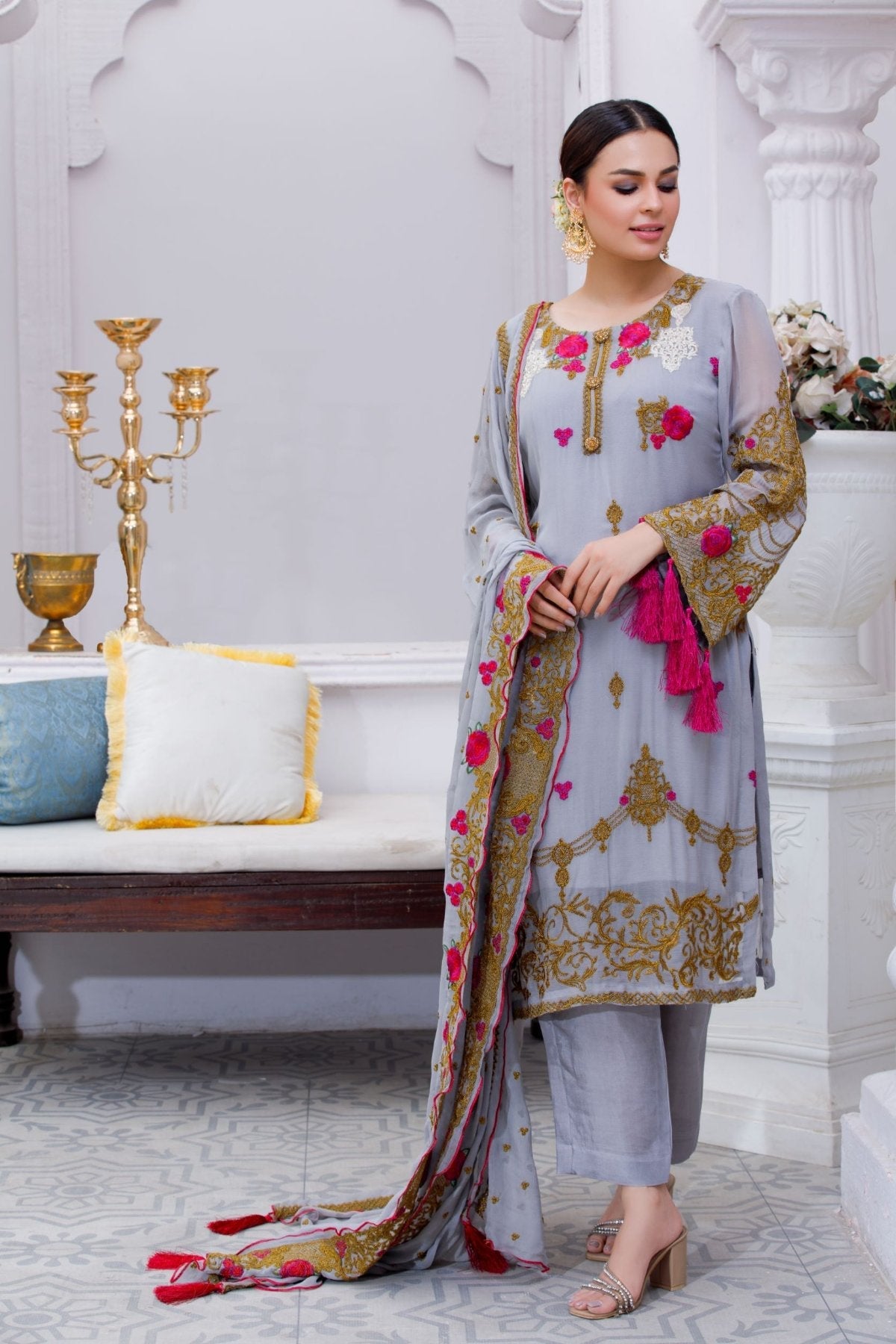 Grey Embroidered 3-Piece Chiffon Suit – Stitched Ready to Wear