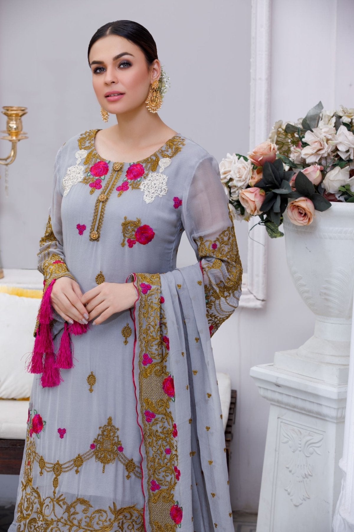Grey Embroidered 3-Piece Chiffon Suit – Stitched Ready to Wear