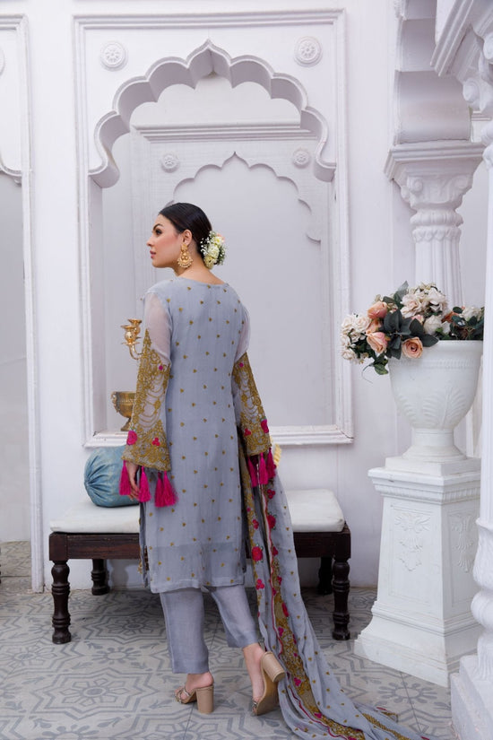 Grey Embroidered 3-Piece Chiffon Suit – Stitched Ready to Wear