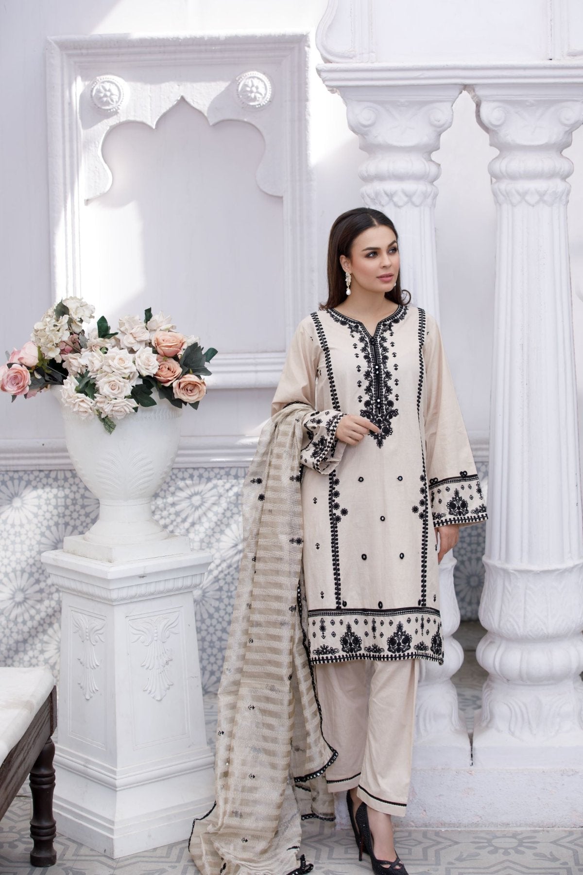 Beige Embroidered 3-Piece Cotton Suit – Stitched Ready to Wear