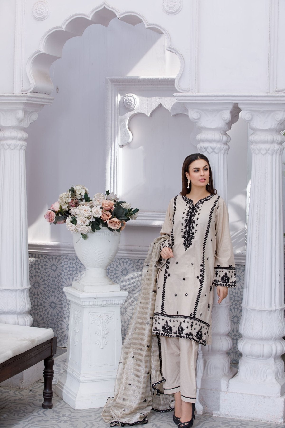 Beige Embroidered 3-Piece Cotton Suit – Stitched Ready to Wear