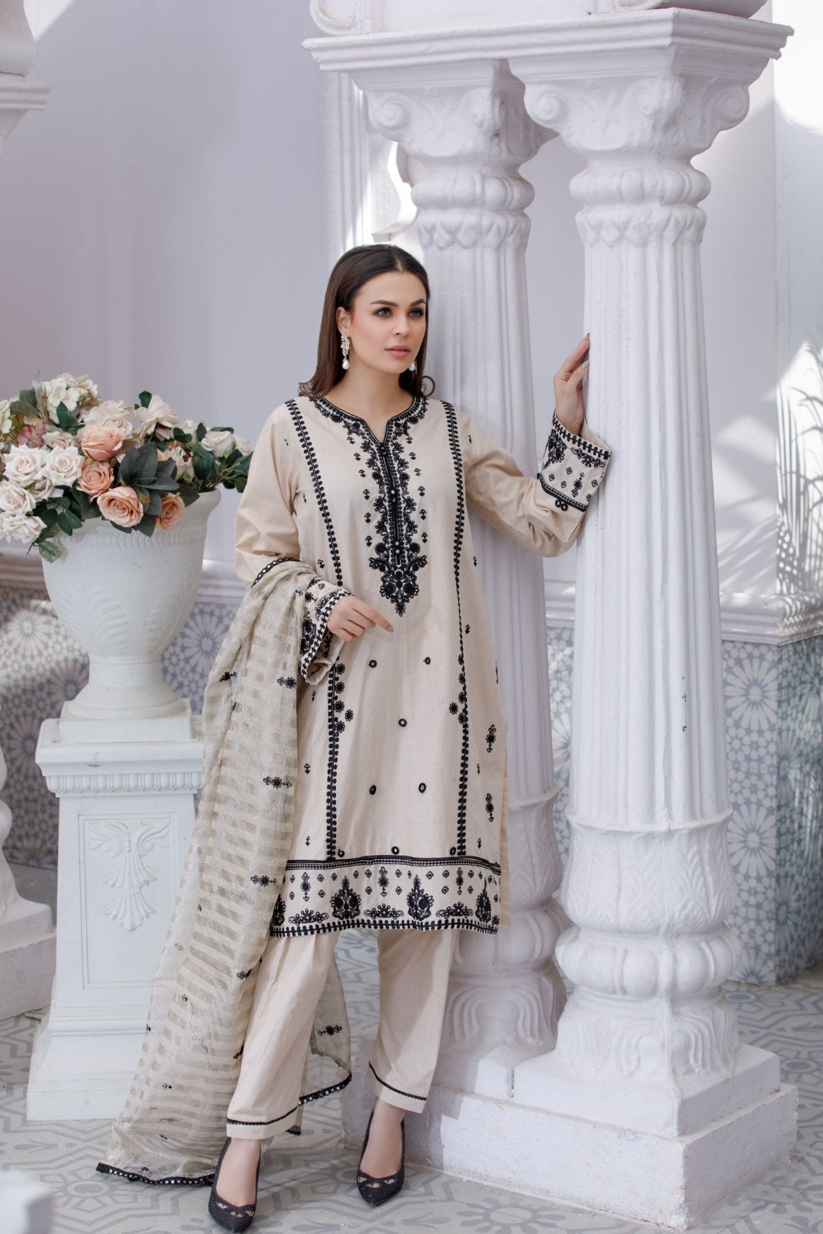 Beige Embroidered 3-Piece Cotton Suit – Stitched Ready to Wear
