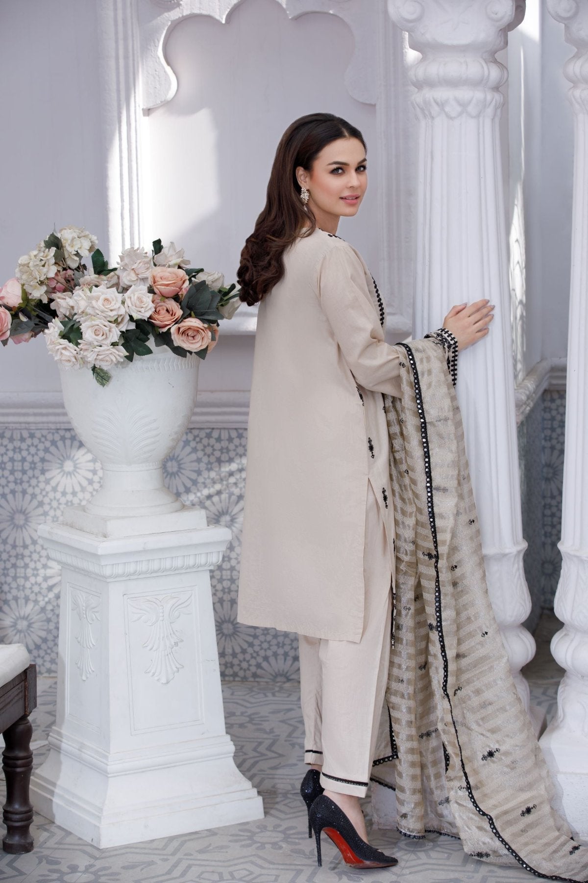 Beige Embroidered 3-Piece Cotton Suit – Stitched Ready to Wear