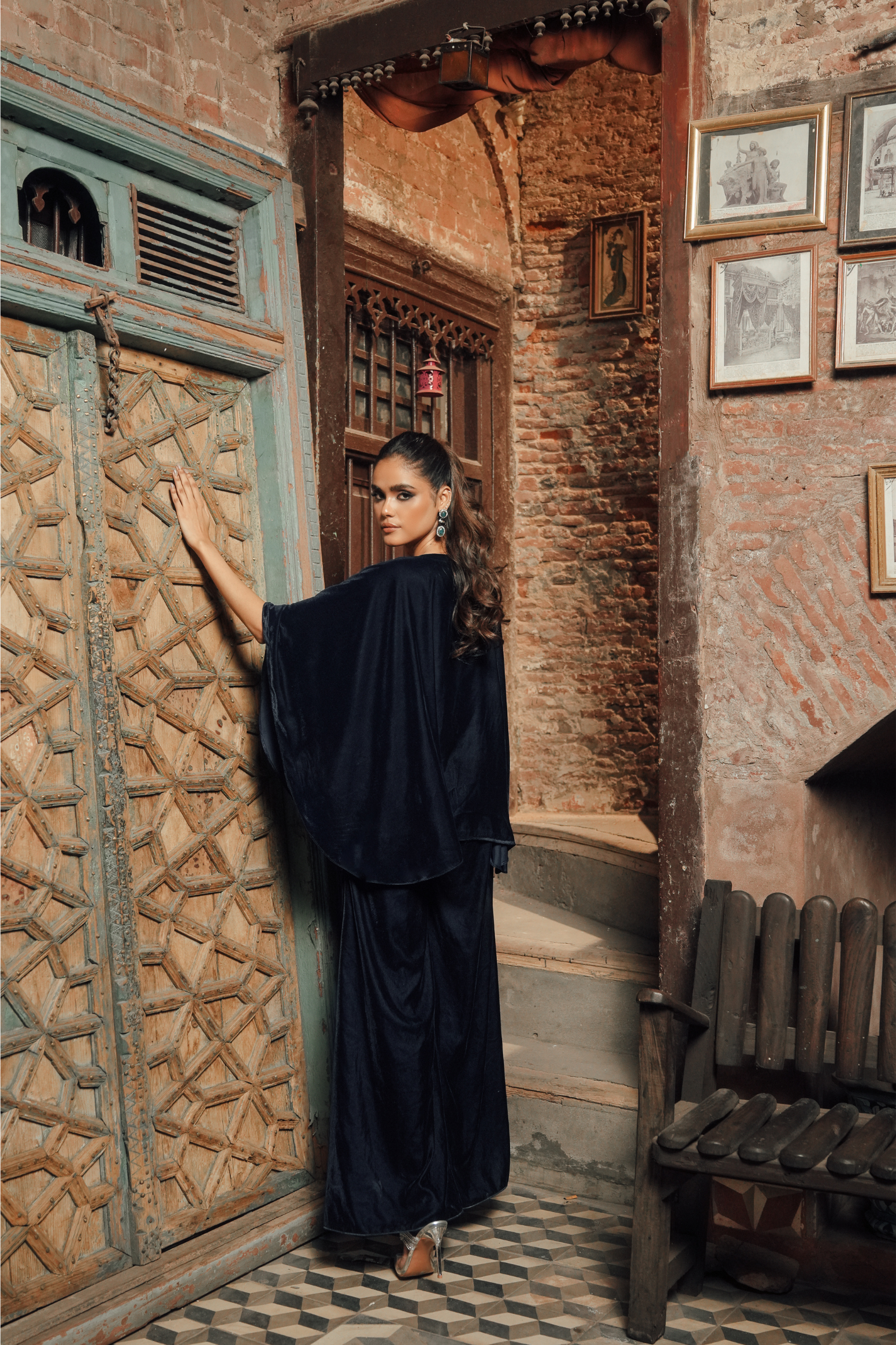 Velvet Embroidered Cape Set with Silk Inner and Bottoms