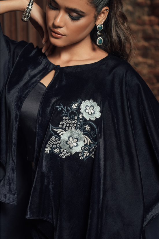 Velvet Embroidered Cape Set with Silk Inner and Bottoms