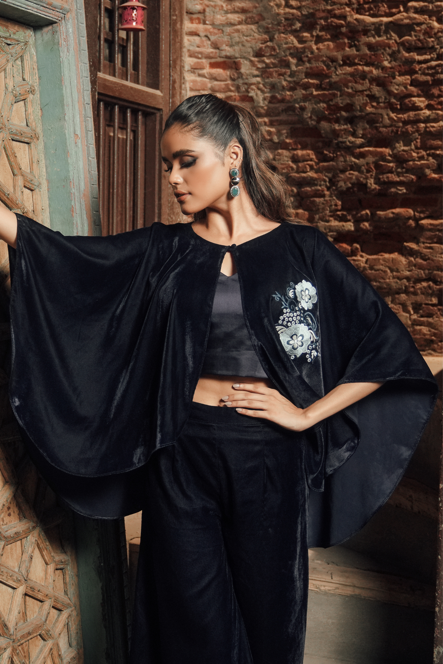 Velvet Embroidered Cape Set with Silk Inner and Bottoms