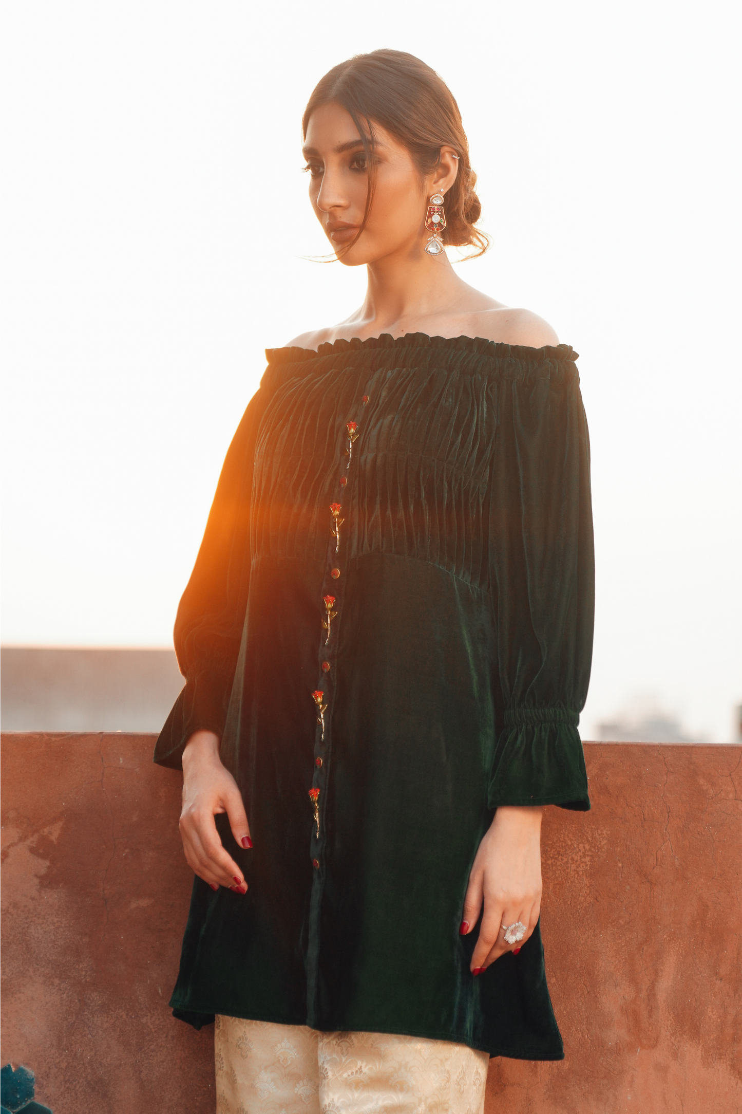 Velvet Western Shirt with Smocking & Metal Flowers