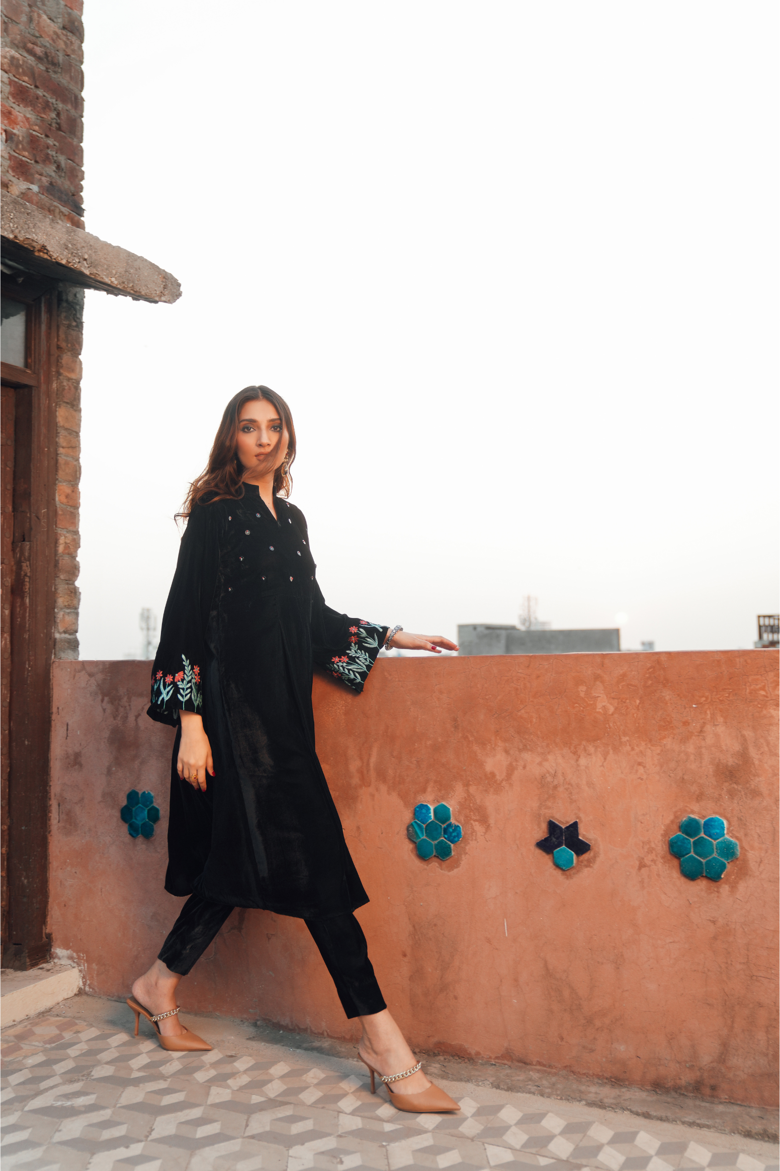 Velvet frock with Embroidered Sleeves