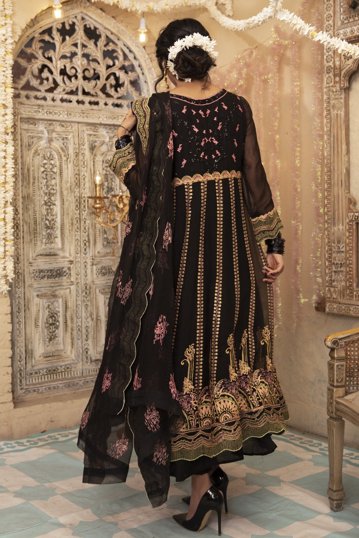 Black Embroidered Chiffon Dress