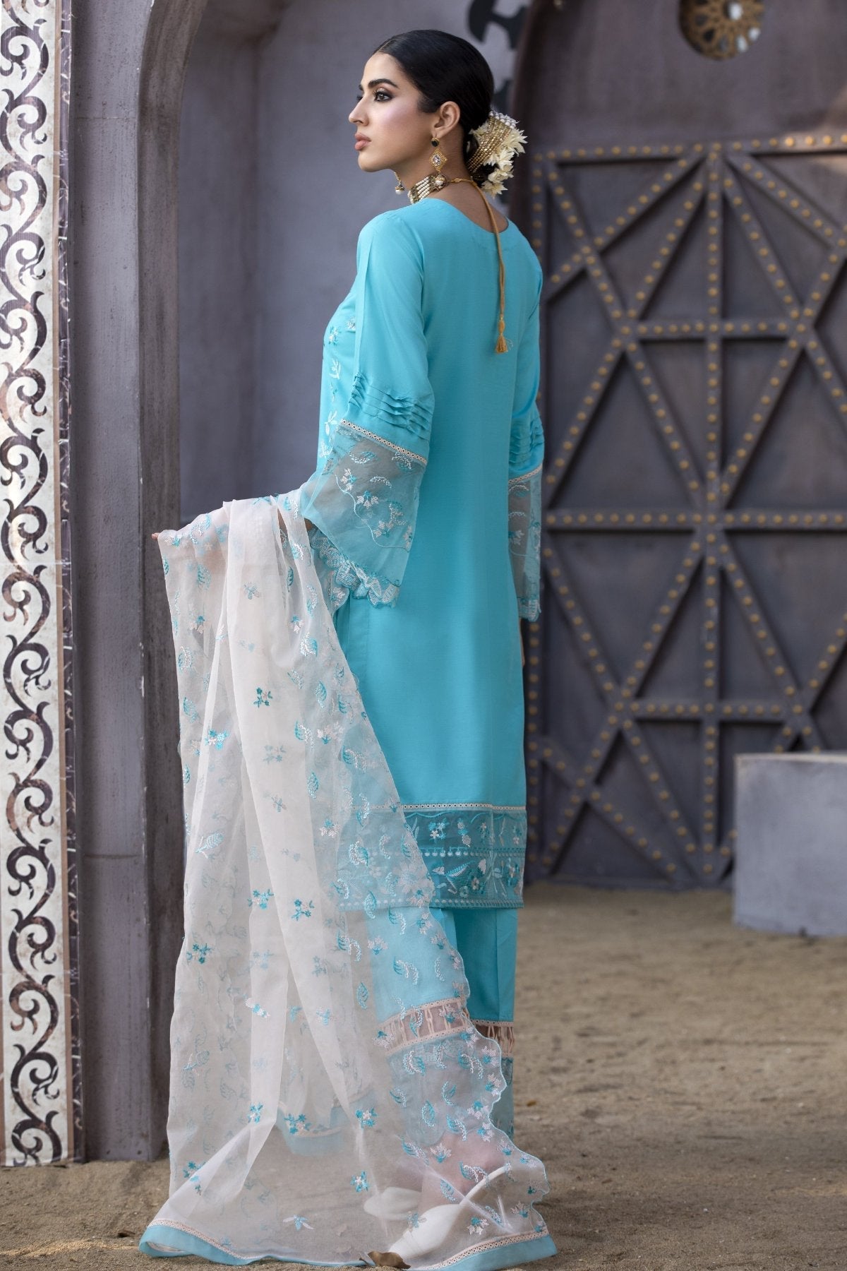 Sky Blue Embroidered Linen 3-Piece Suit