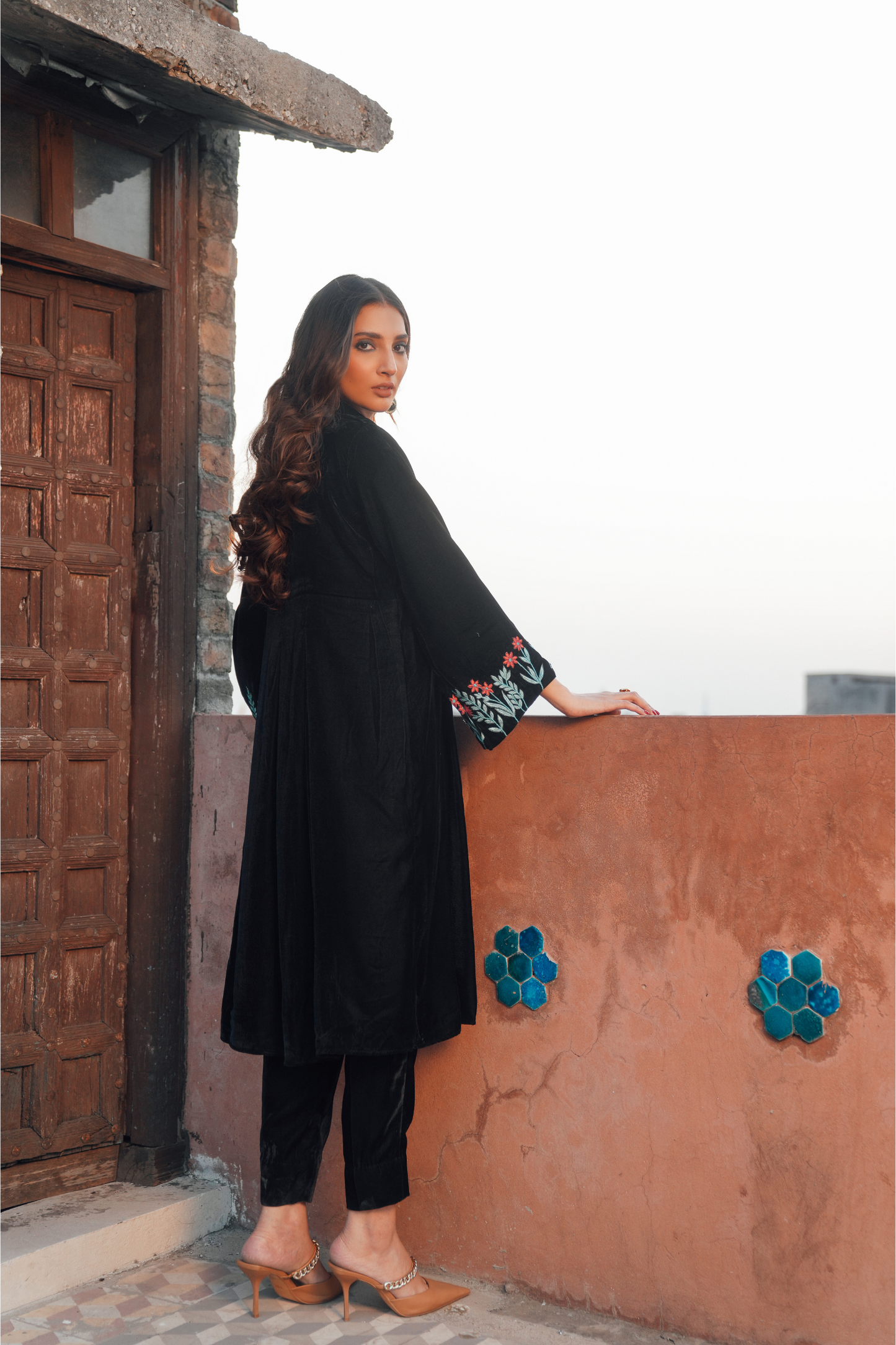 Velvet frock with Embroidered Sleeves