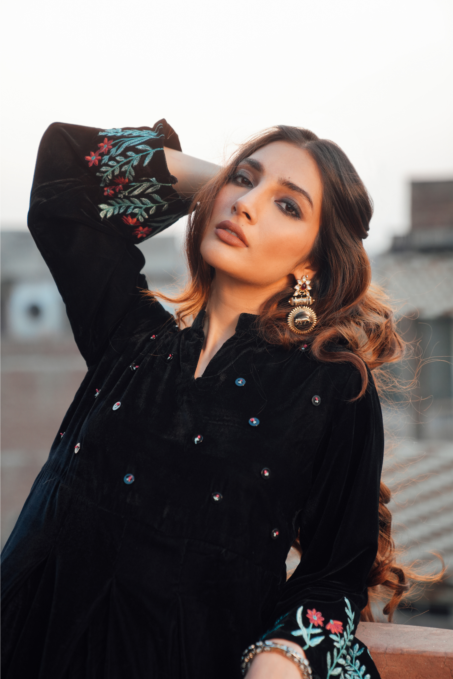 Velvet frock with Embroidered Sleeves