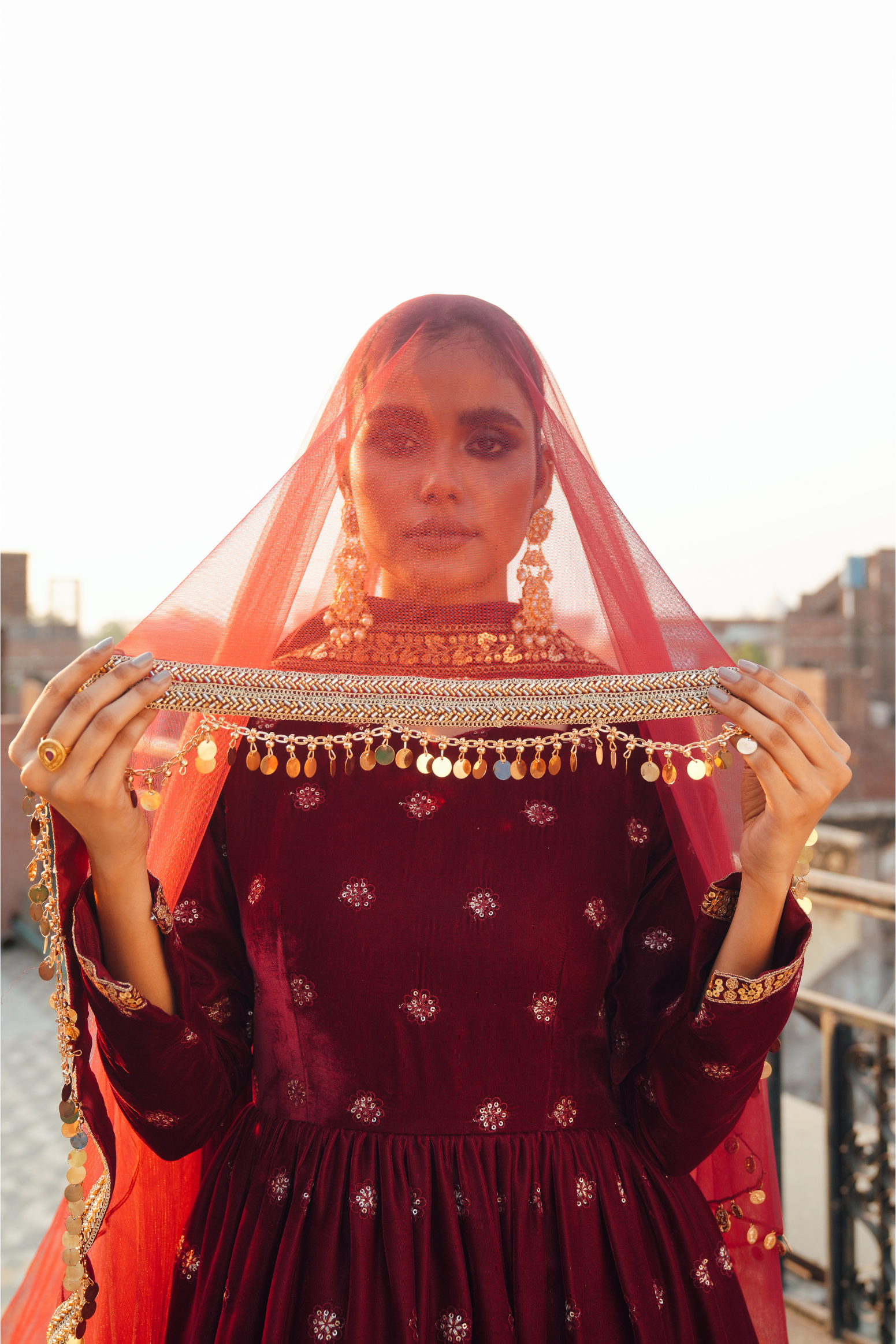 Embroidered Velvet Set with Crushed Bottom & Tassel Lace Dupatta