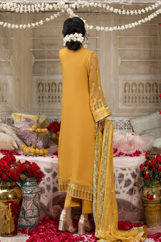 Embroidered Mustard Chiffon Dress