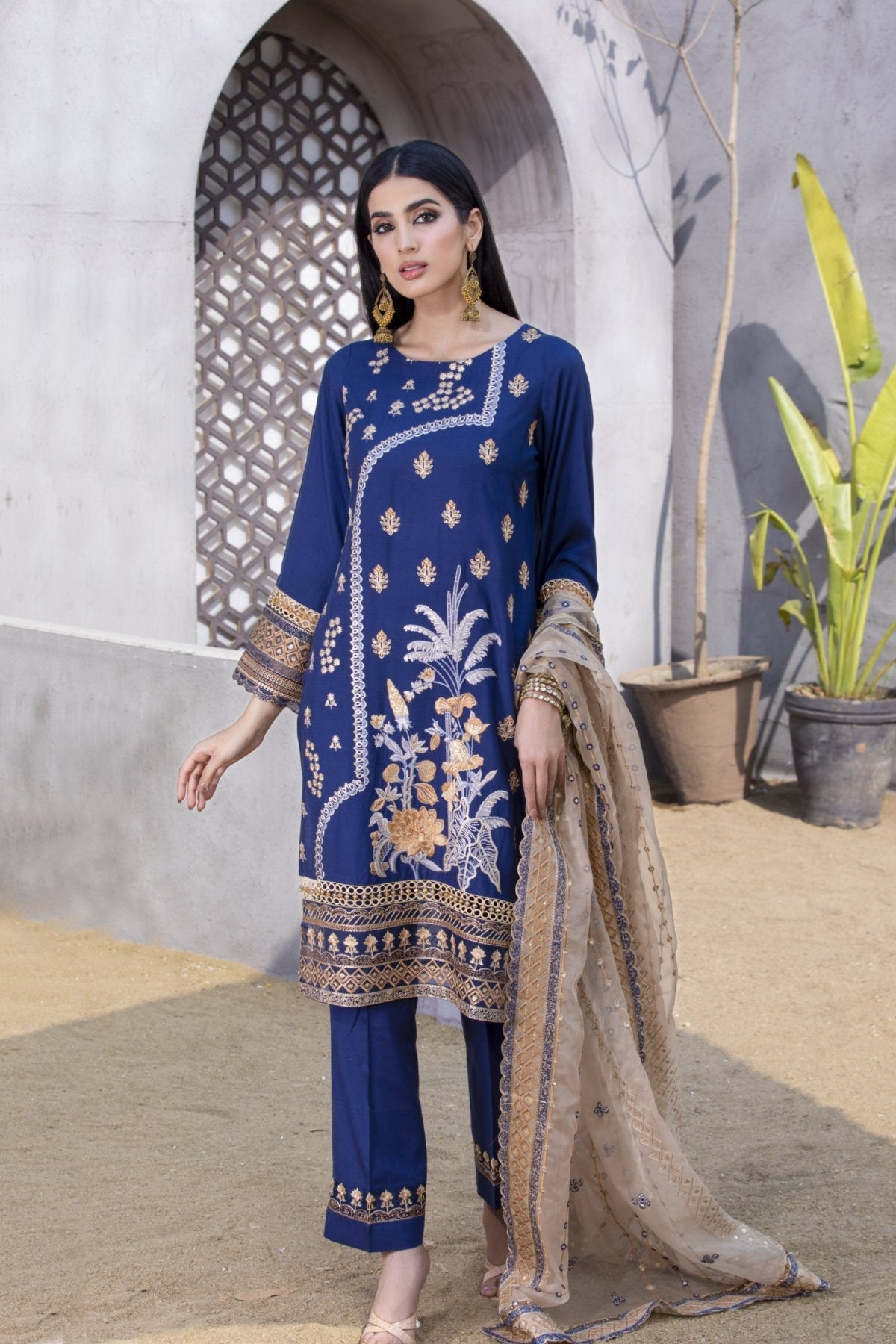 Midnight Blue Embroidered Linen 3-Piece Suit
