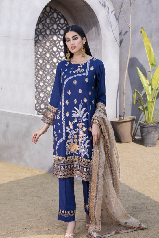 Midnight Blue Embroidered Linen 3-Piece Suit