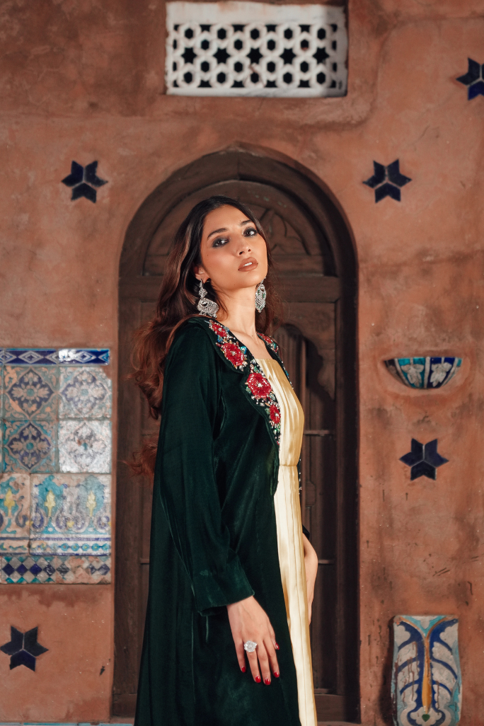 Velvet Long Coat with Handcrafted Detailing & Silk Long Frock Ensemble