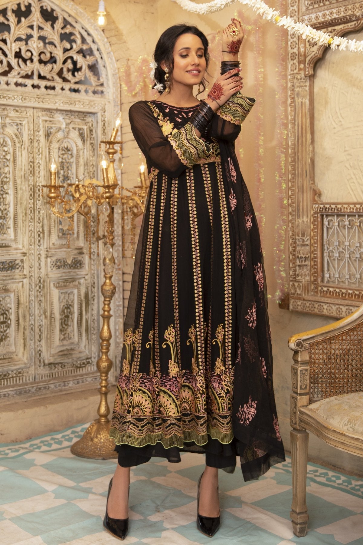 Black Embroidered Chiffon Dress