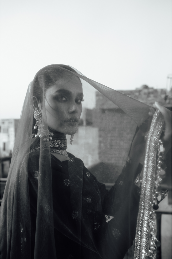 Embroidered Velvet Set with Crushed Bottom & Tassel Lace Dupatta
