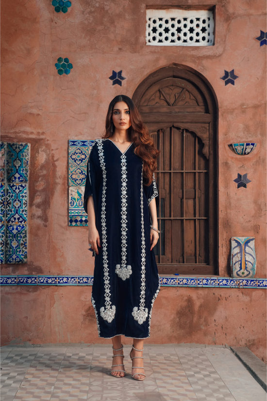 Opulent Velvet Kaftan with Intricate Adda Embroidery