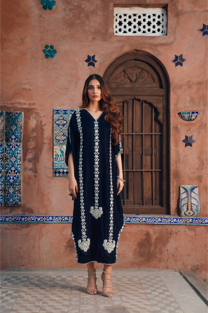 Opulent Velvet Kaftan with Intricate Adda Embroidery
