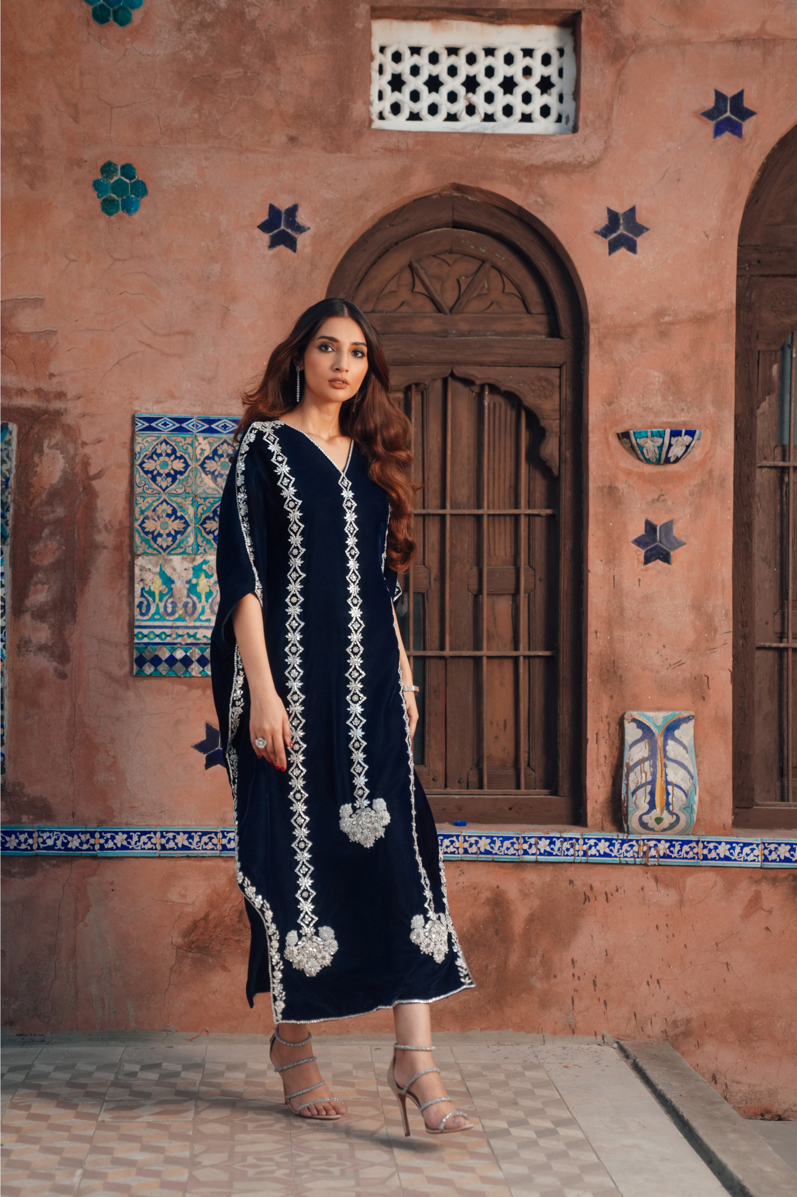Opulent Velvet Kaftan with Intricate Adda Embroidery