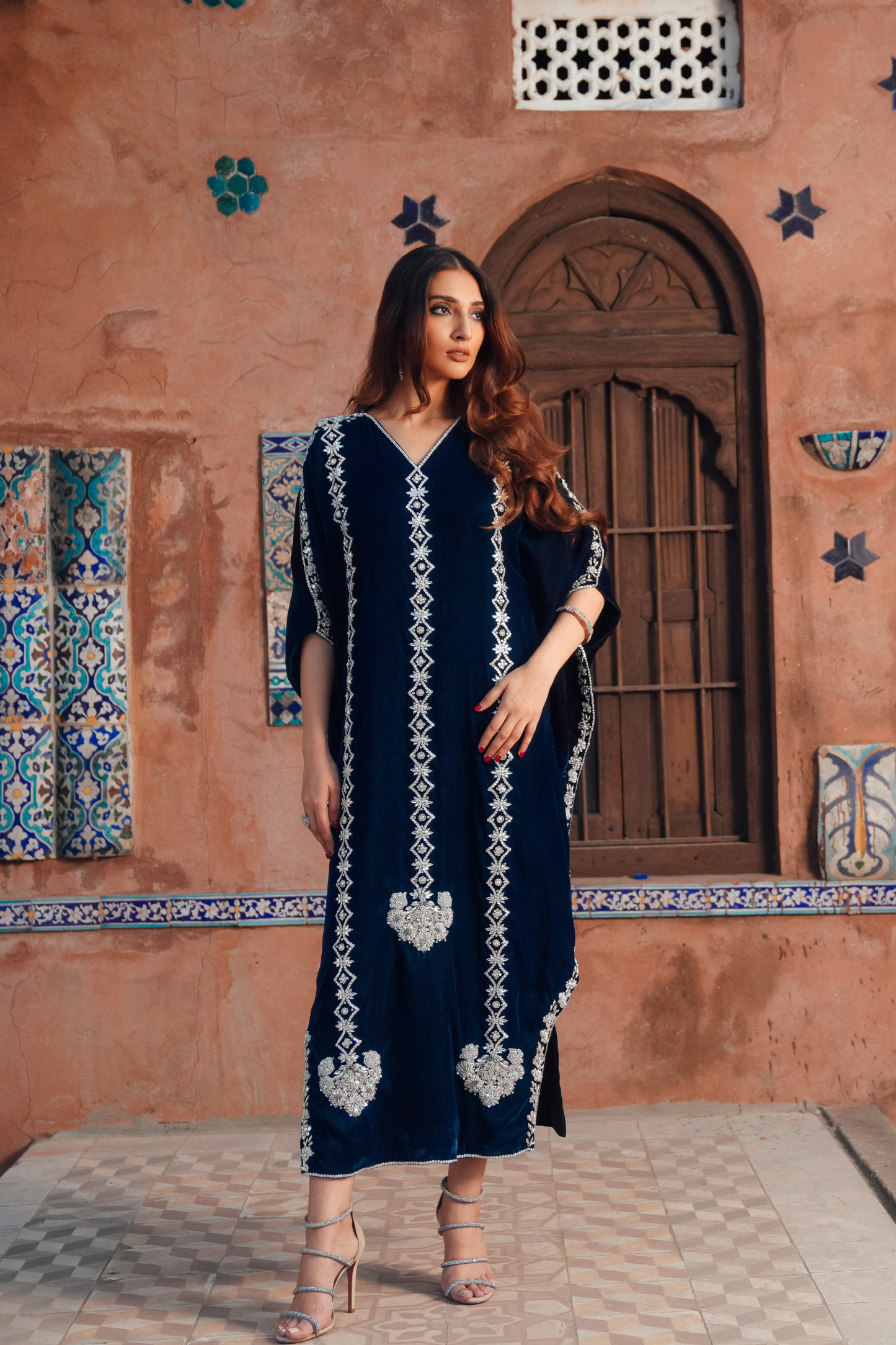 Opulent Velvet Kaftan with Intricate Adda Embroidery