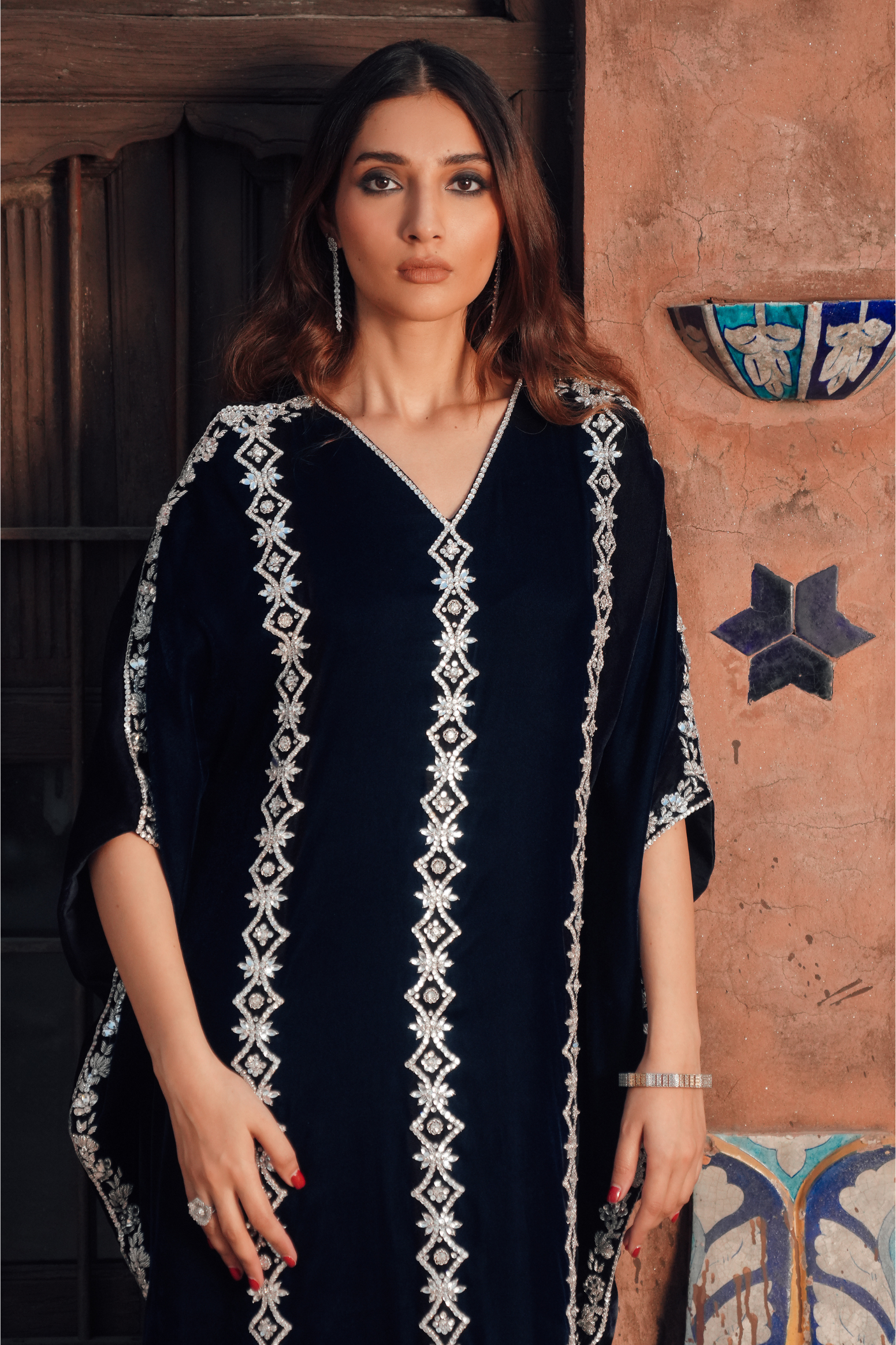 Opulent Velvet Kaftan with Intricate Adda Embroidery